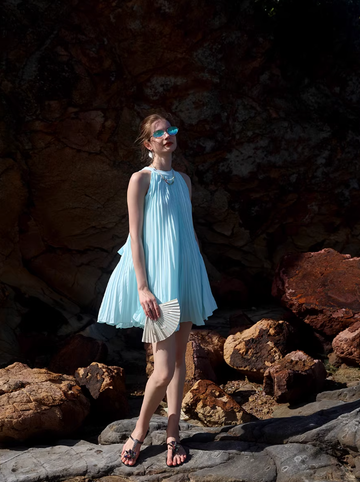 Blue A Line Halter Pleated Chiffon Short Homecoming Dress Vacation Dress Outfits HZ1023